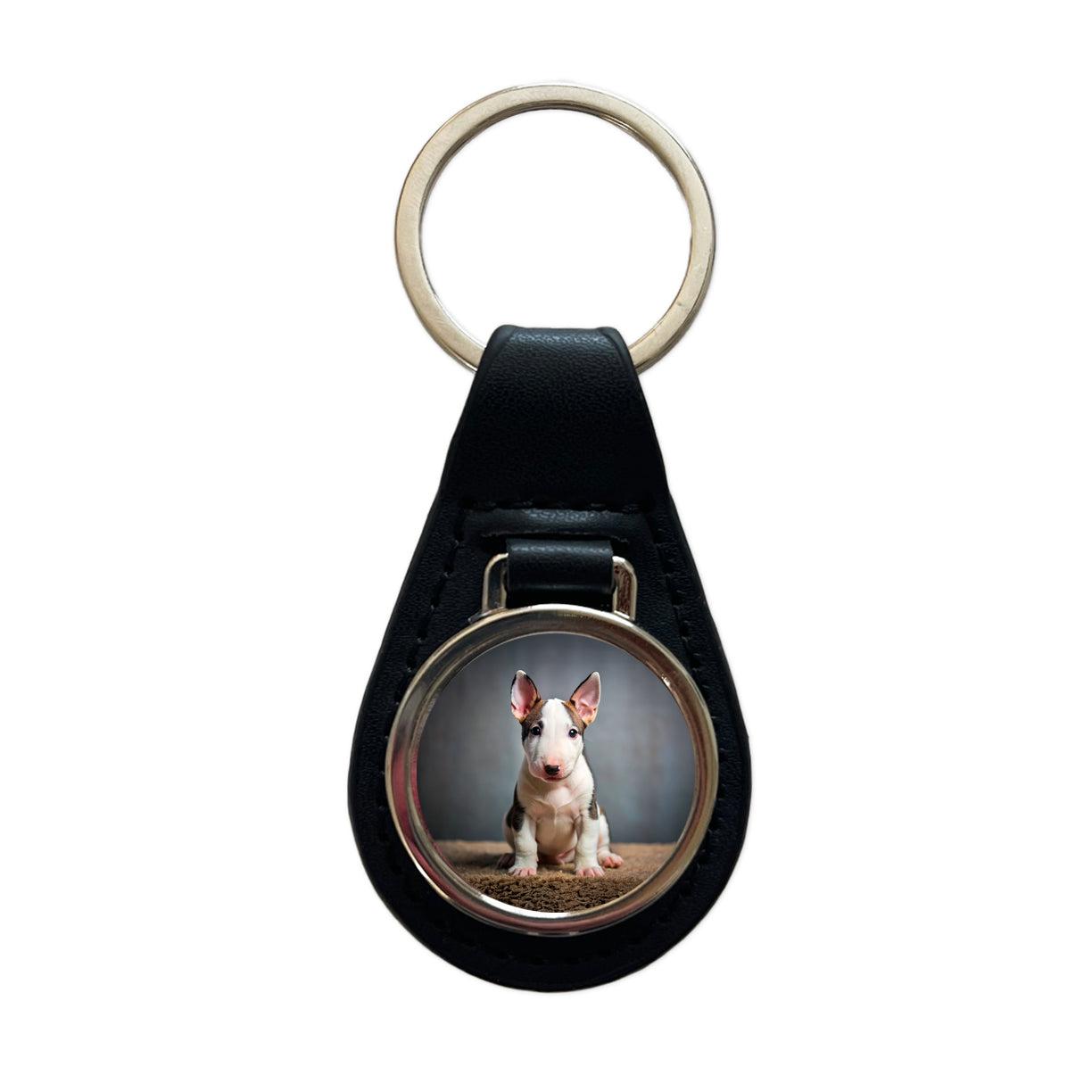 Miniature Bull Terrier Dog Puppy Photo Black Leather Metal Keychain