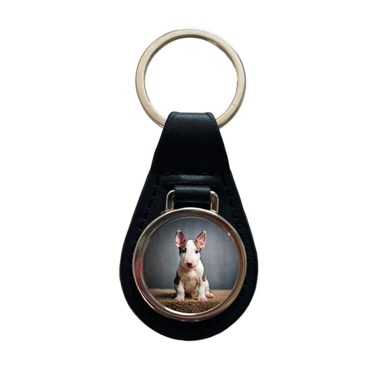 Miniature Bull Terrier Dog Puppy Photo Black Leather Metal Keychain