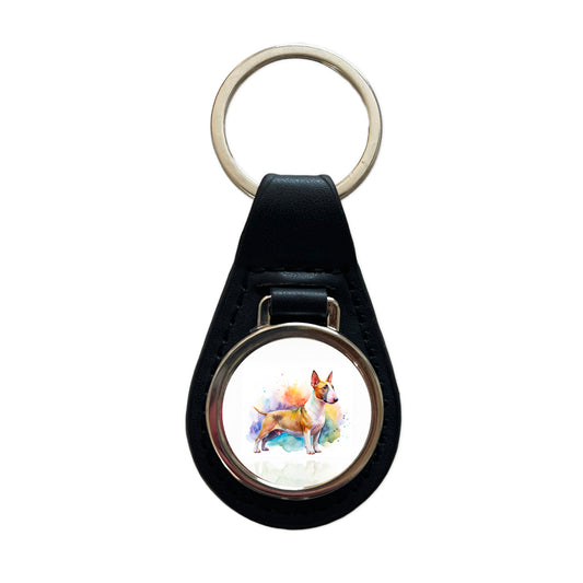 Miniature Bull Terrier Dog Watercolor Style Black Leather Metal Keychain