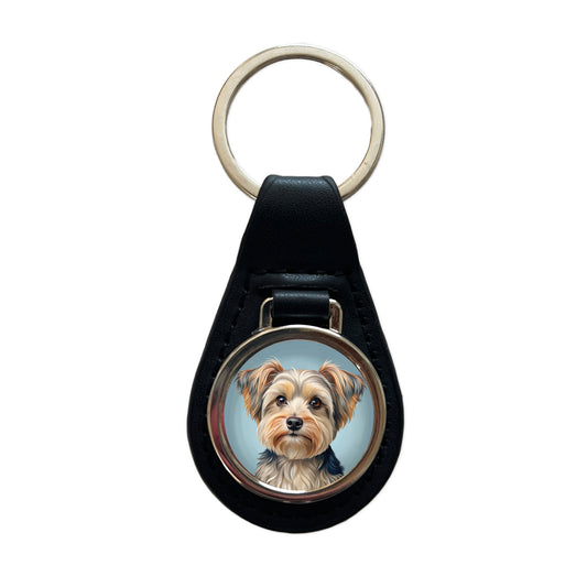 Morkie Dog Illustration Black Leather Metal Keychain