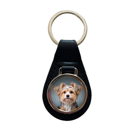 Morkie Dog Photo Black Leather Metal Keychain