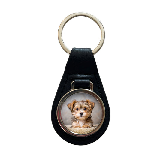 Morkie Dog Puppy Photo Black Leather Metal Keychain