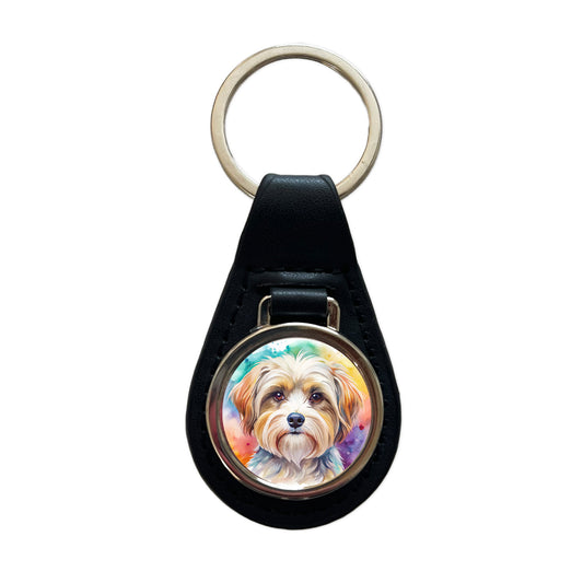 Morkie Dog Watercolor Style Black Leather Metal Keychain