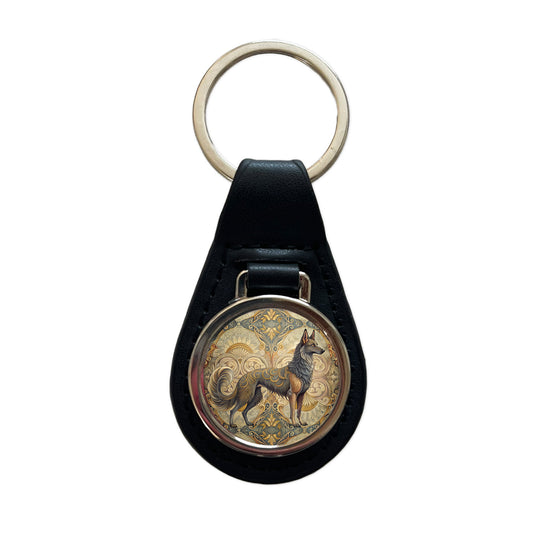 Mudi Dog Art Nouveau Black Leather Metal Keychain