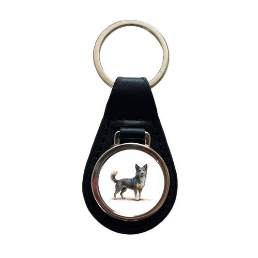 Mudi Dog Illustration Black Leather Metal Keychain