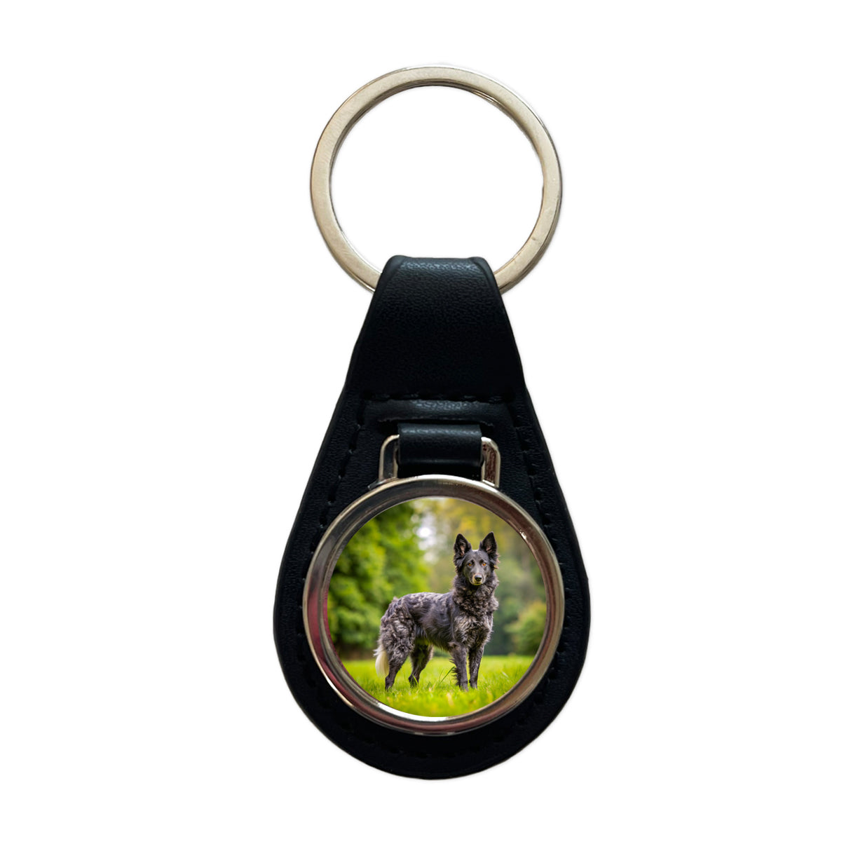 Mudi Dog Photo Black Leather Metal Keychain