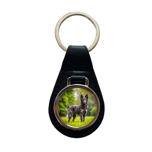 Mudi Dog Photo Black Leather Metal Keychain