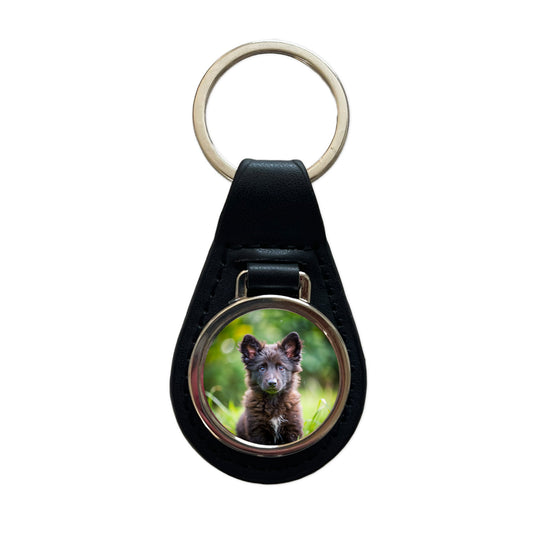 Mudi Dog Puppy Photo Black Leather Metal Keychain