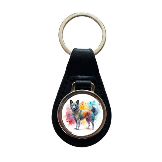 Mudi Dog Watercolor Style Black Leather Metal Keychain