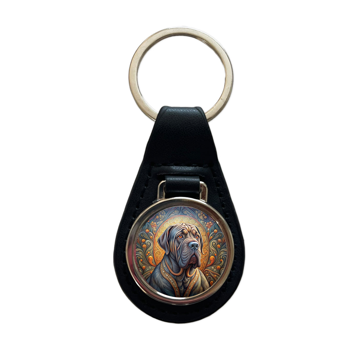 Neapolitan Mastiff Dog Art Nouveau Black Leather Metal Keychain