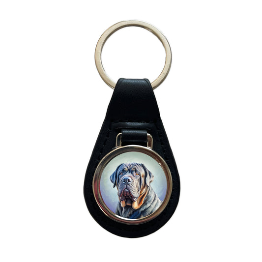 Neapolitan Mastiff Dog Illustration Black Leather Metal Keychain