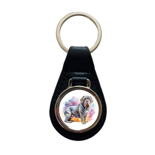 Neapolitan Mastiff Dog Watercolor Style Black Leather Metal Keychain