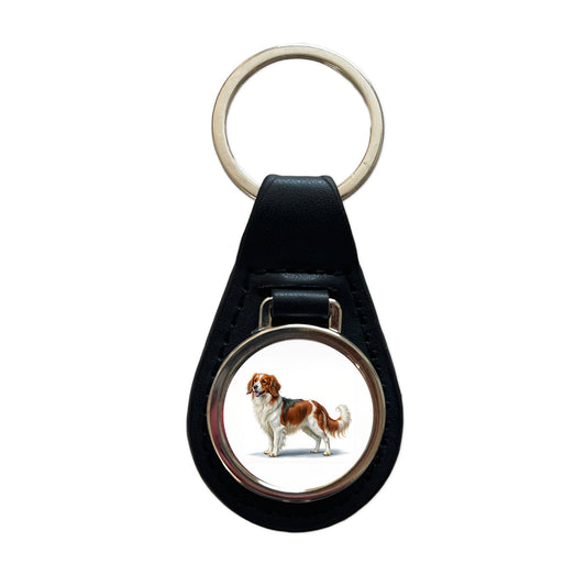 Nederlandse Kooikerhondje Dog Illustration Black Leather Metal Keychain