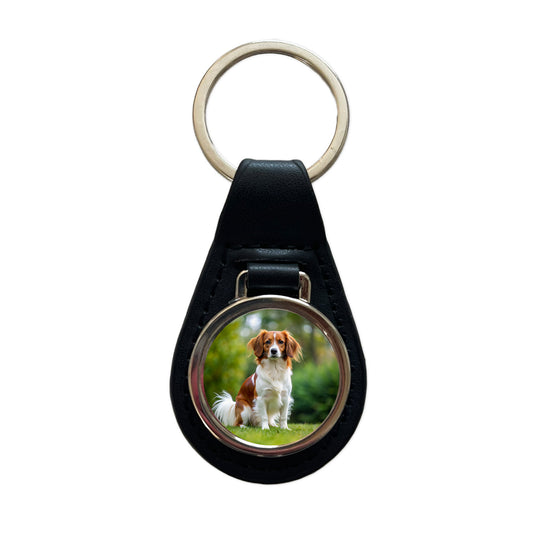 Nederlandse Kooikerhondje Dog Photo Black Leather Metal Keychain