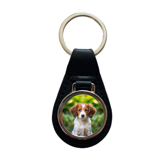 Nederlandse Kooikerhondje Dog Puppy Photo Black Leather Metal Keychain
