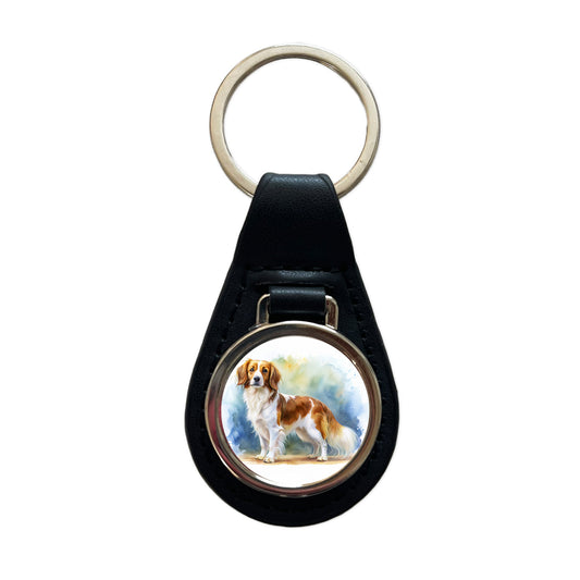 Nederlandse Kooikerhondje Dog Watercolor Style Black Leather Metal Keychain