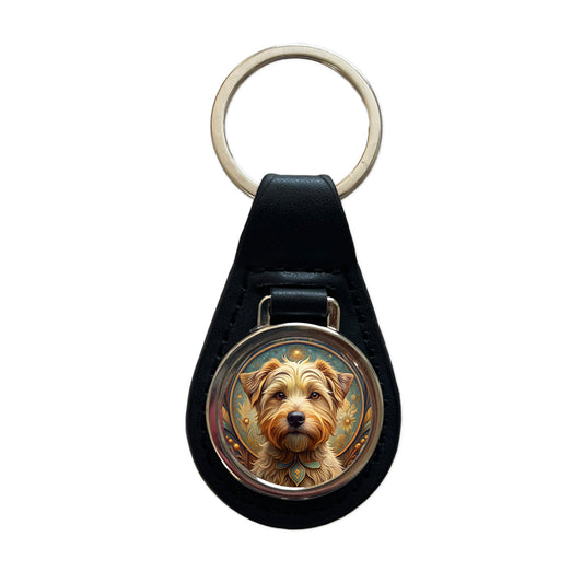 Norfolk Terrier Dog Art Nouveau Black Leather Metal Keychain