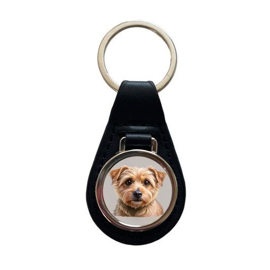 Norfolk Terrier Dog Illustration Black Leather Metal Keychain