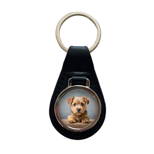 Norfolk Terrier Dog Puppy Photo Black Leather Metal Keychain