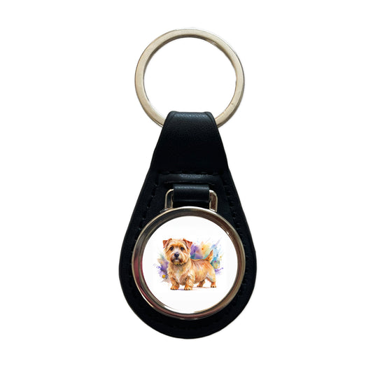 Norfolk Terrier Dog Watercolor Style Black Leather Metal Keychain