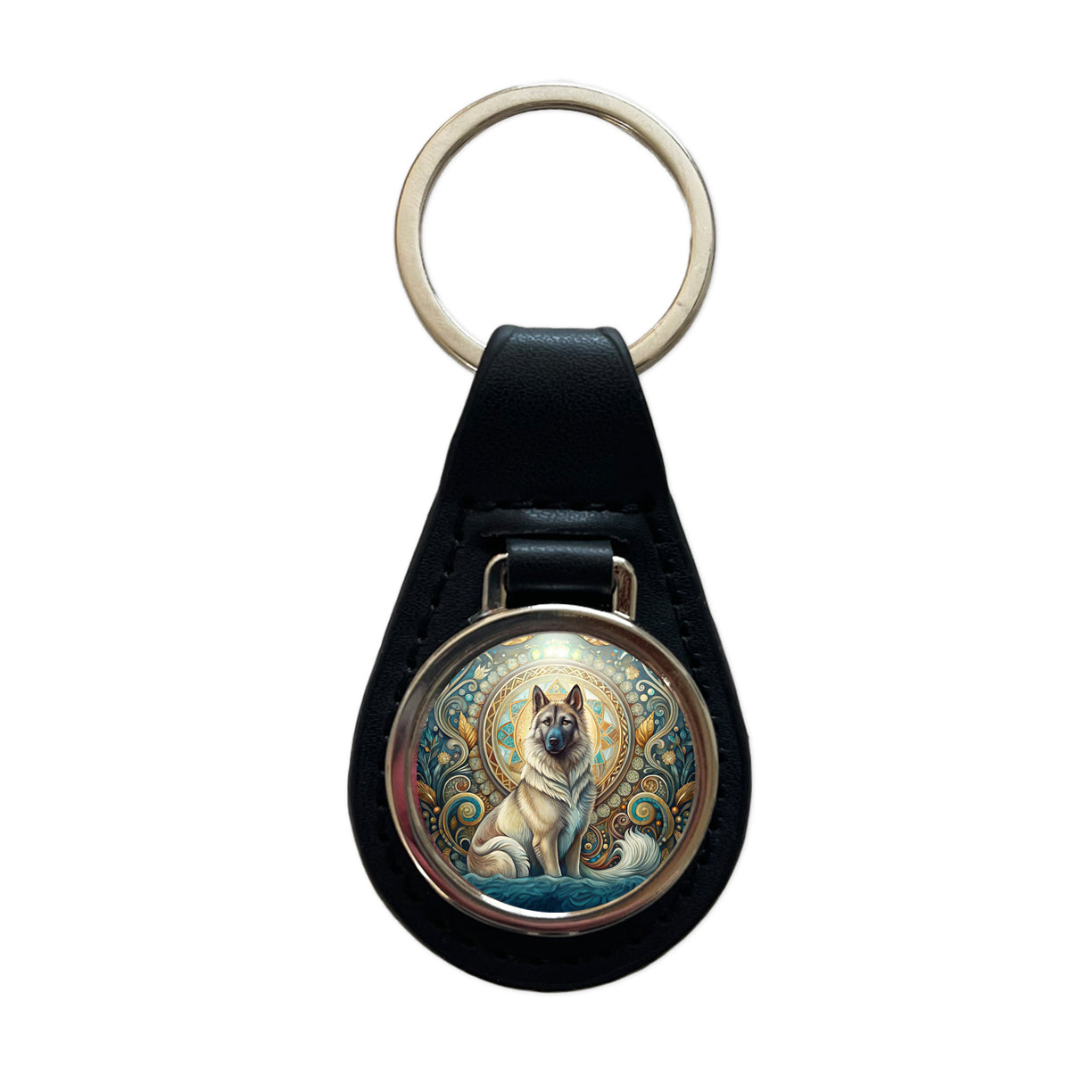 Norwegian Elkhound Dog Art Nouveau Black Leather Metal Keychain