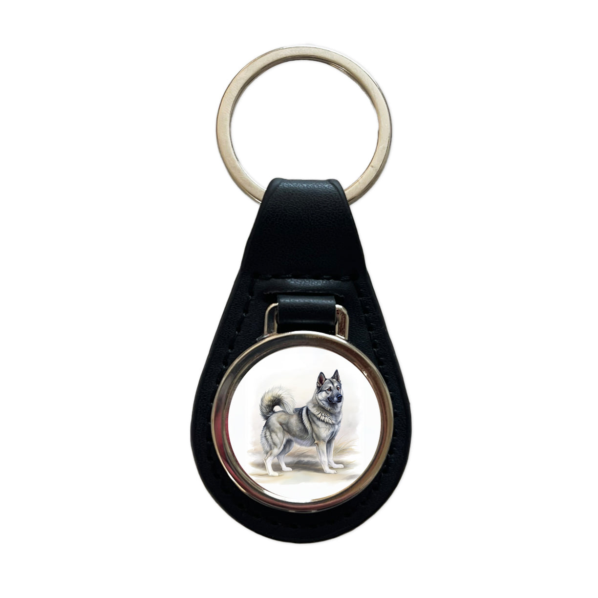 Norwegian Elkhound Dog Illustration Black Leather Metal Keychain