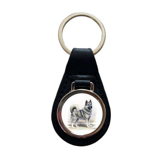 Norwegian Elkhound Dog Illustration Black Leather Metal Keychain