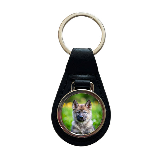 Norwegian Elkhound Dog Puppy Photo Black Leather Metal Keychain