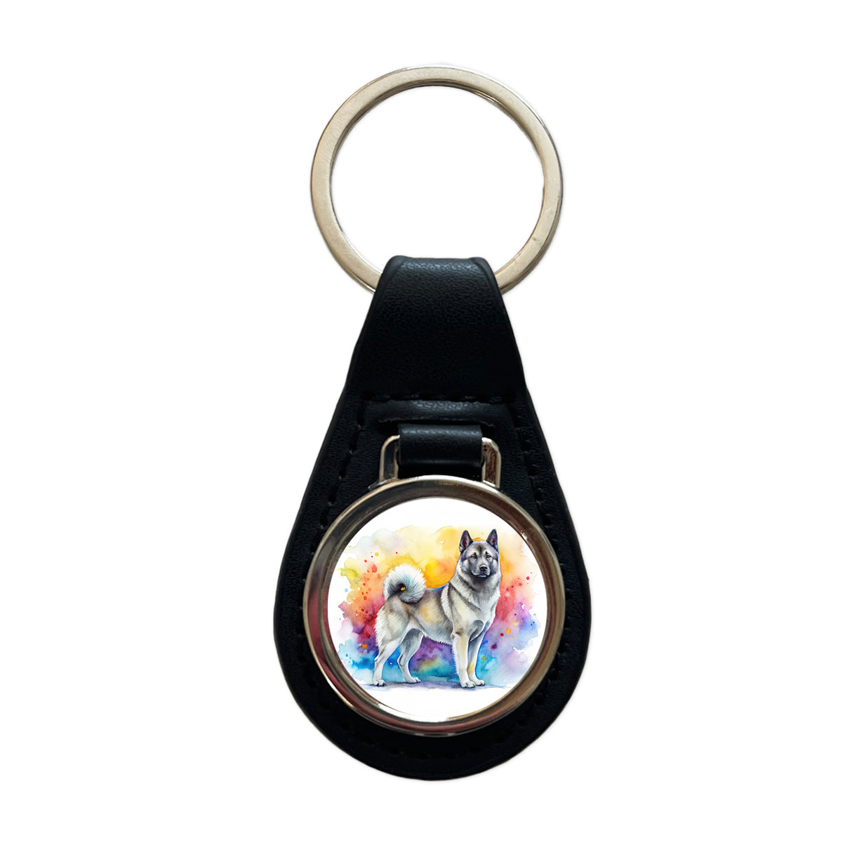 Norwegian Elkhound Dog Watercolor Style Black Leather Metal Keychain