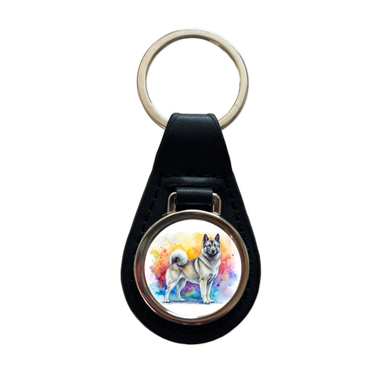 Norwegian Elkhound Dog Watercolor Style Black Leather Metal Keychain