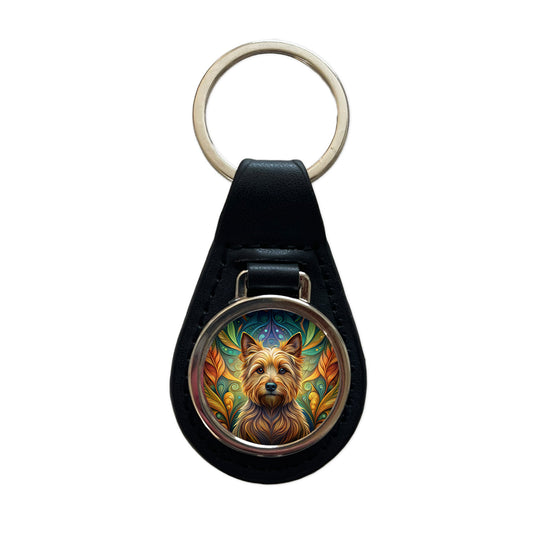 Norwich Terrier Dog Art Nouveau Black Leather Metal Keychain