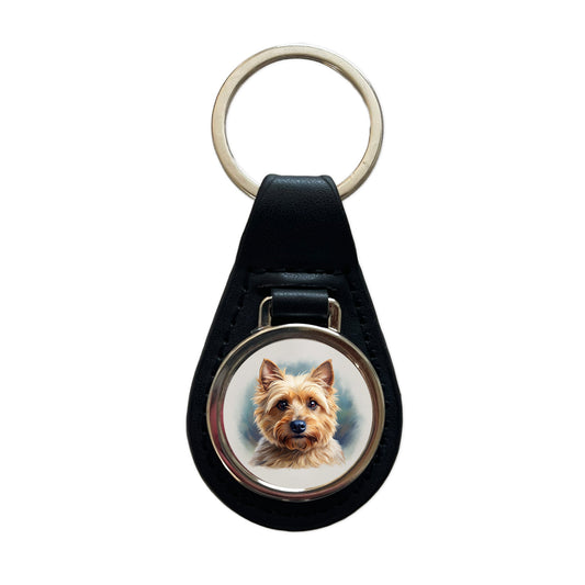 Norwich Terrier Dog Illustration Black Leather Metal Keychain