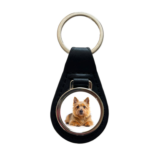 Norwich Terrier Dog Photo Black Leather Metal Keychain
