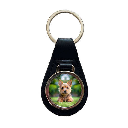Norwich Terrier Dog Puppy Photo Black Leather Metal Keychain