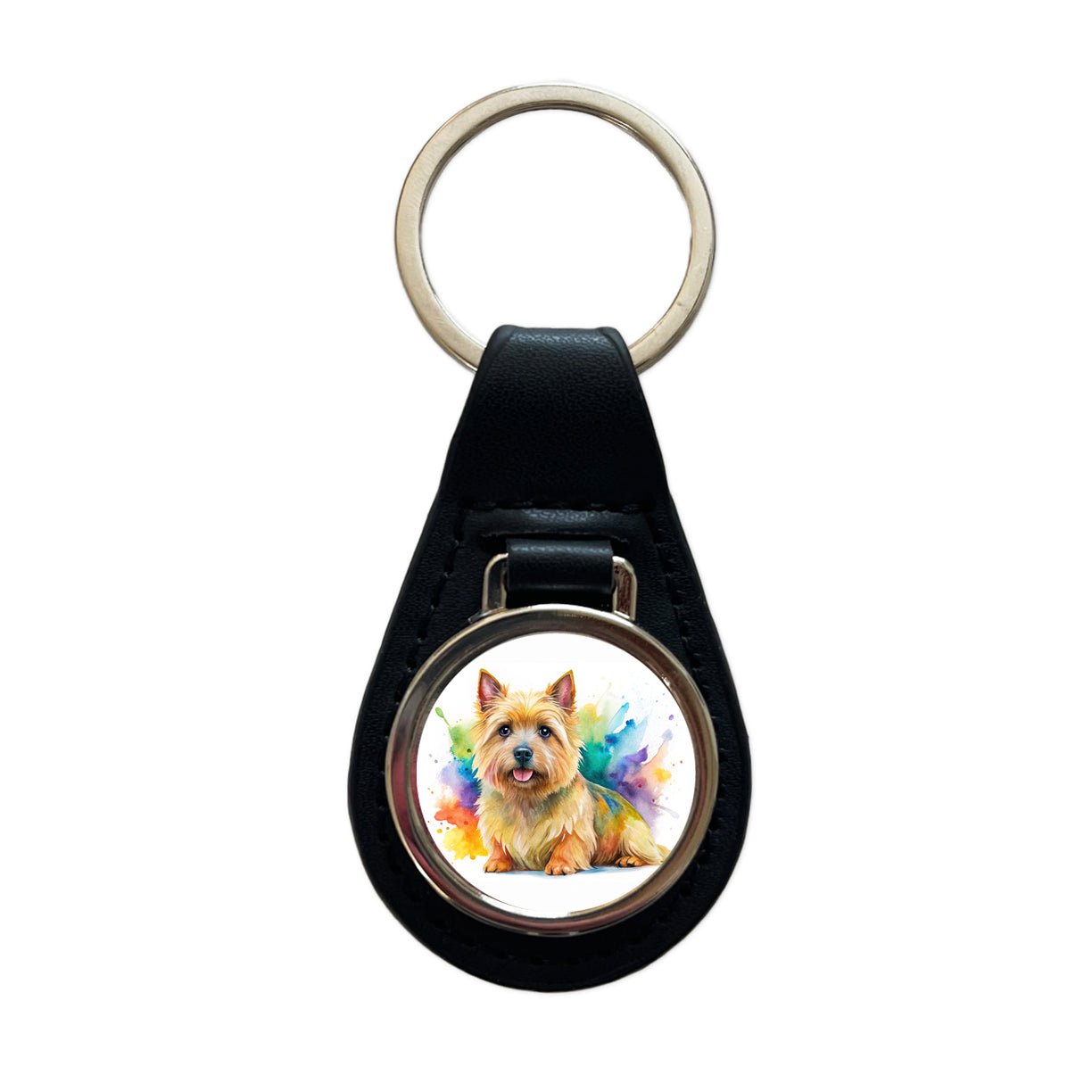 Norwich Terrier Dog Watercolor Style Black Leather Metal Keychain