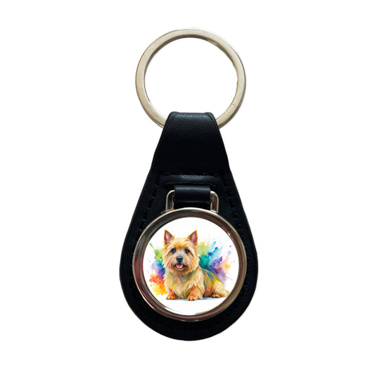 Norwich Terrier Dog Watercolor Style Black Leather Metal Keychain