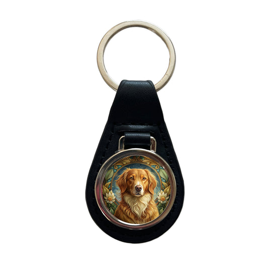 Nova Scotia Duck Tolling Retriever Dog Art Nouveau Black Leather Metal Keychain