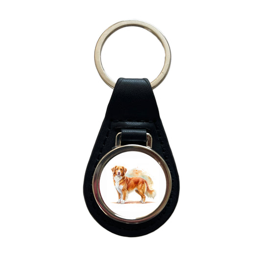 Nova Scotia Duck Tolling Retriever Dog Watercolor Style Black Leather Metal Keychain