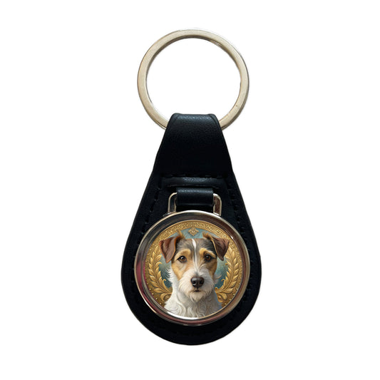 Parson Russell Terrier Dog Art Nouveau Black Leather Metal Keychain