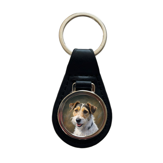 Parson Russell Terrier Dog Illustration Black Leather Metal Keychain