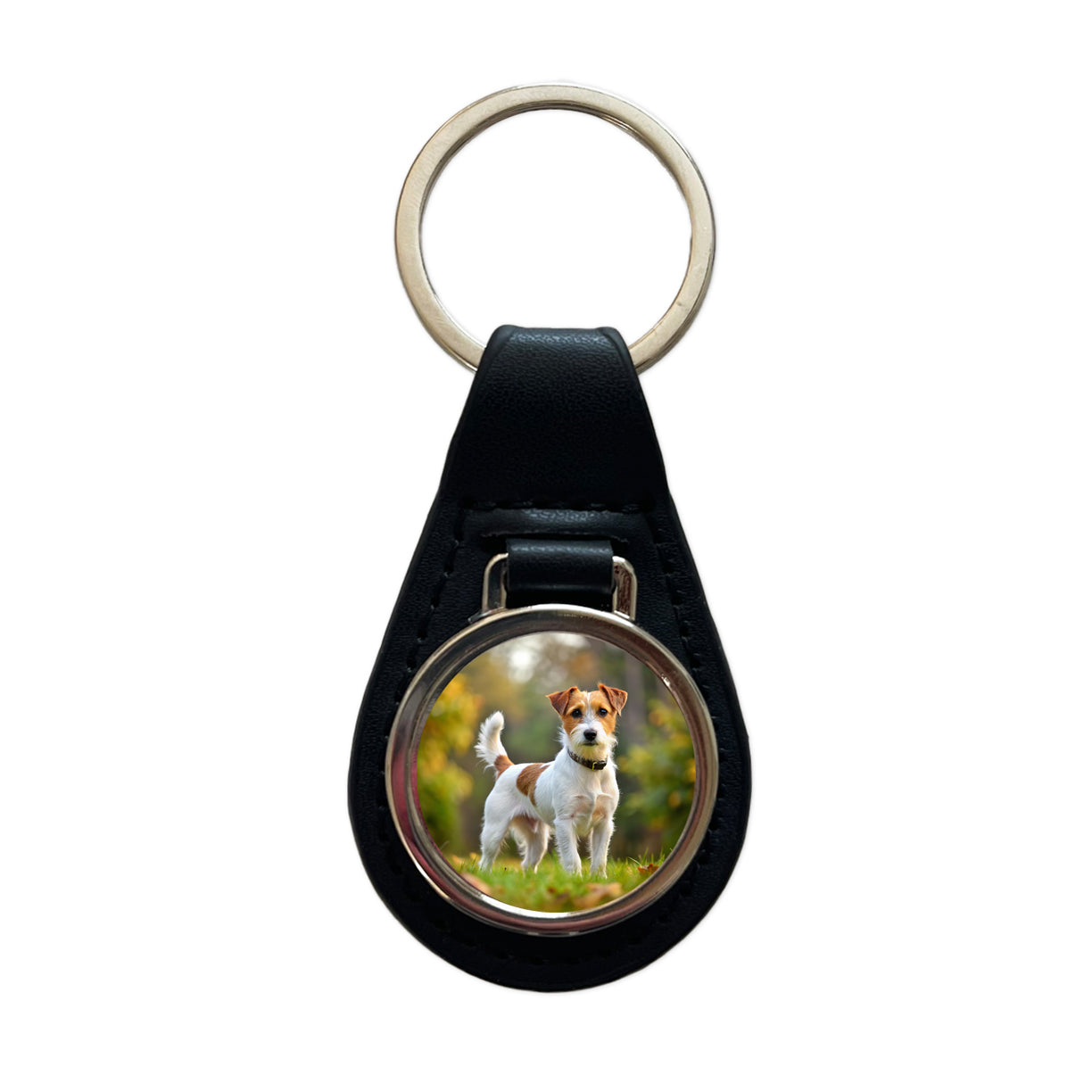 Parson Russell Terrier Dog Photo Black Leather Metal Keychain