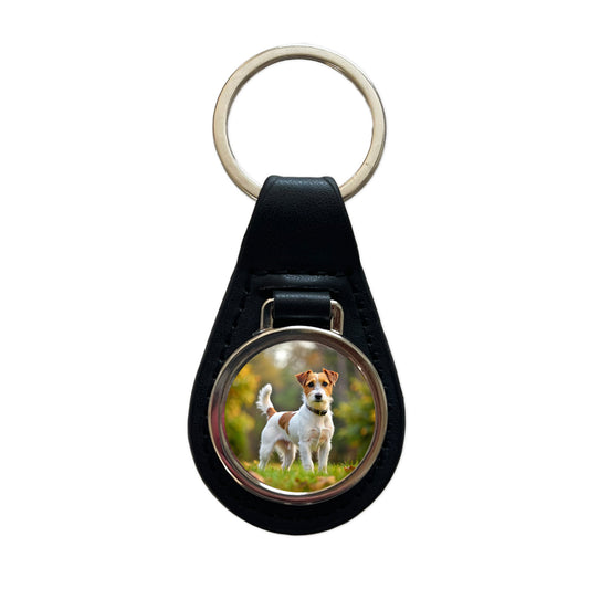 Parson Russell Terrier Dog Photo Black Leather Metal Keychain