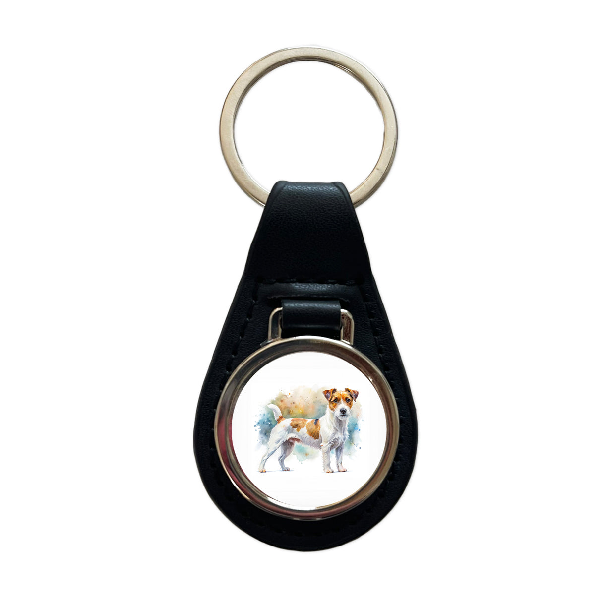 Parson Russell Terrier Dog Watercolor Style Black Leather Metal Keychain