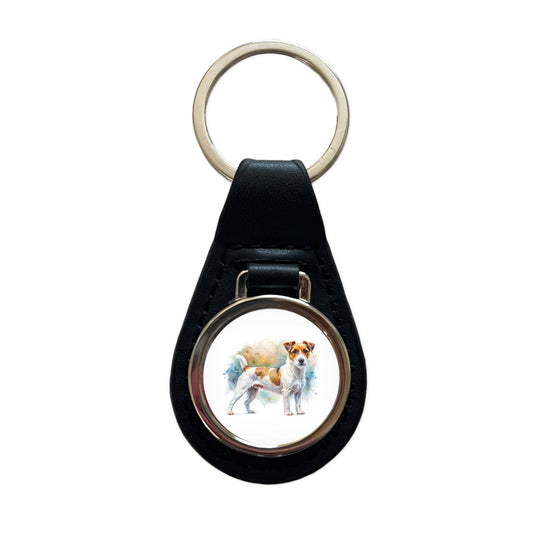 Parson Russell Terrier Dog Watercolor Style Black Leather Metal Keychain