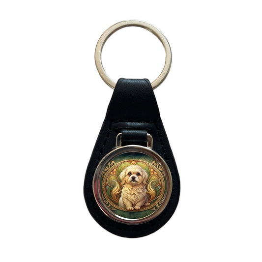 Pekapoo Dog Art Nouveau Black Leather Metal Keychain