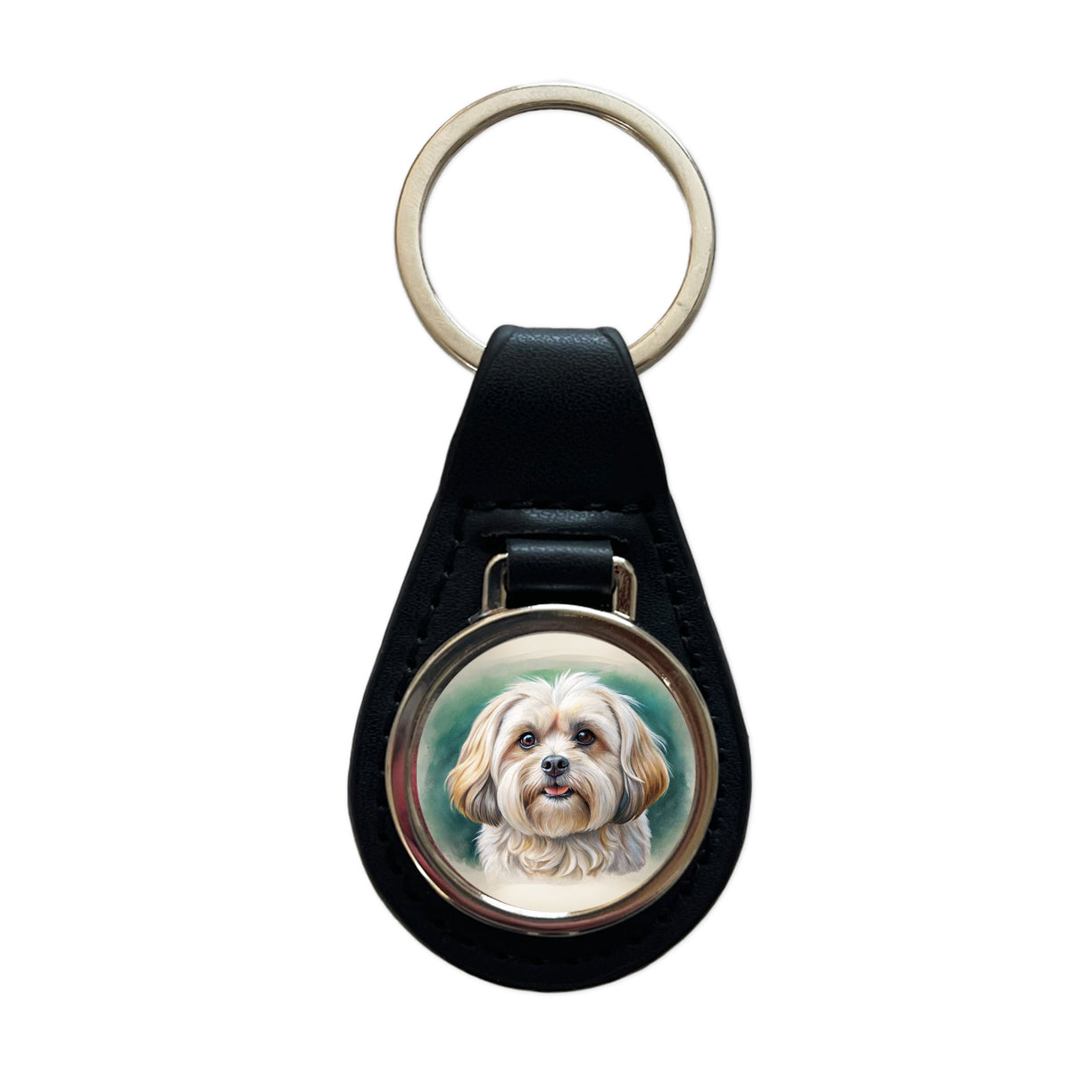 Pekapoo Dog Illustration Black Leather Metal Keychain