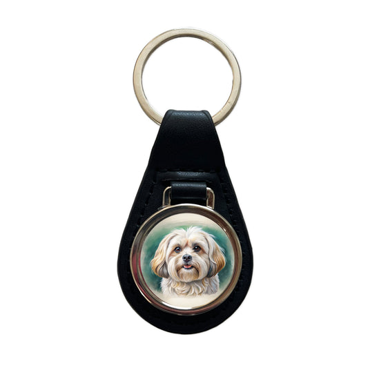 Pekapoo Dog Illustration Black Leather Metal Keychain