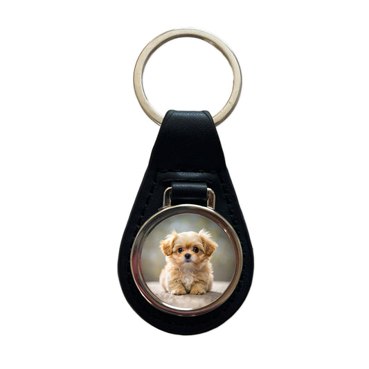 Pekapoo Dog Puppy Photo Black Leather Metal Keychain