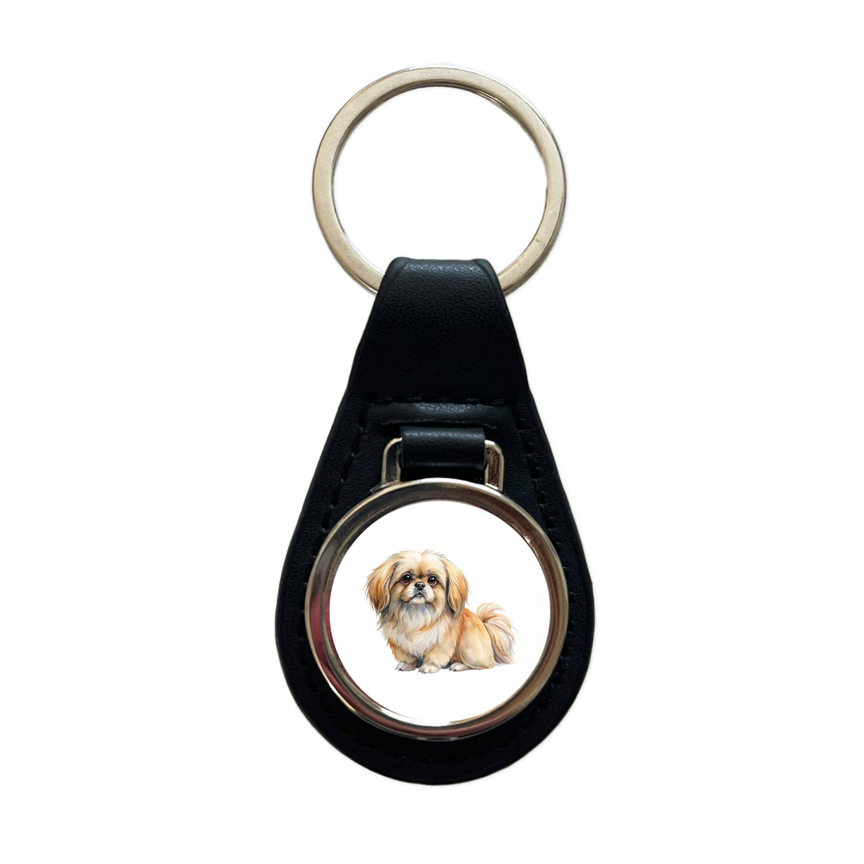 Pekapoo Dog Watercolor Style Black Leather Metal Keychain