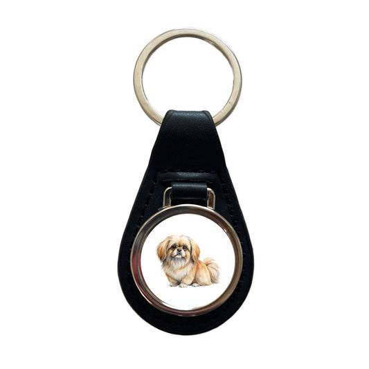 Pekapoo Dog Watercolor Style Black Leather Metal Keychain